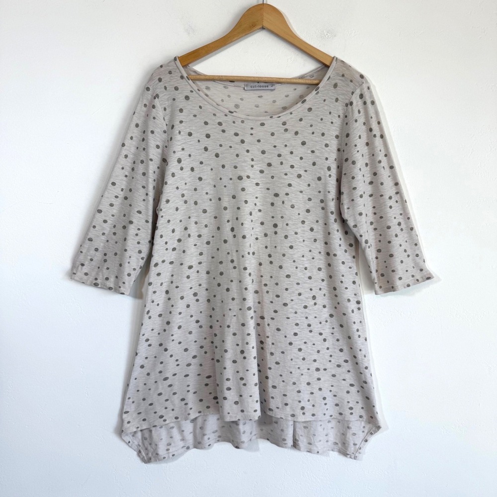 Cut Loose Tunic Top Polka Dot Linen Blend Lagenlook High Low Artsy Boho USA L